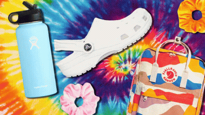 A Water Bottle That Says Hydro Flask Sits Next To A Shoe And A Backpack GIF