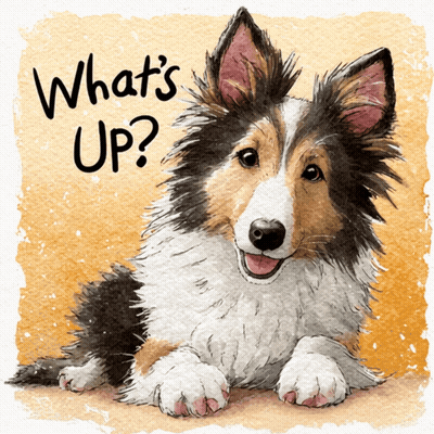 A Watercolor Painting Of A Collie Dog With The Words What 'S Up Written Above It GIF