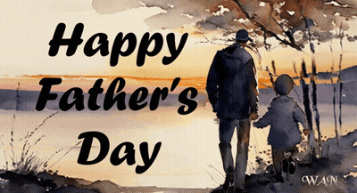 A Watercolor Painting Of A Father And Son Holding Hands With The Words Happy Father 'S Day Below Them GIF