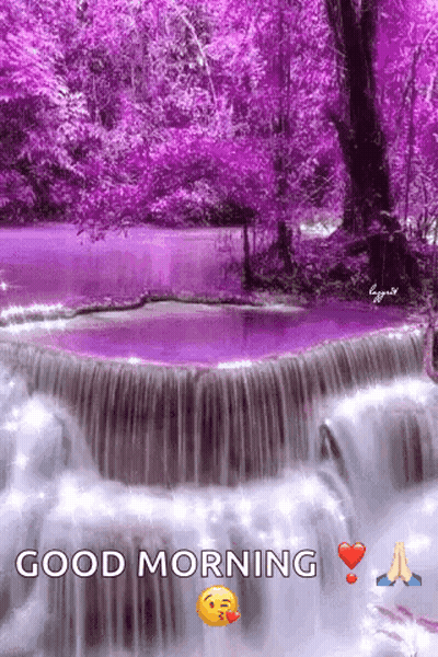 A Waterfall In The Middle Of A Purple Forest With A Good Morning Message . GIF