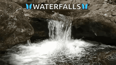 A Waterfall Is Surrounded By Rocks And Has The Words Waterfalls Written On It GIF