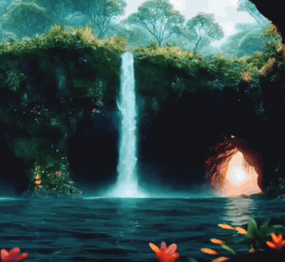 A Waterfall Is Surrounded By Trees And Flowers In A Dark Forest GIF