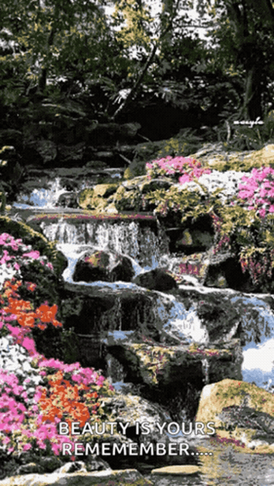 A Waterfall Surrounded By Rocks And Flowers With The Words Beauty Is Yours Remember On The Bottom GIF