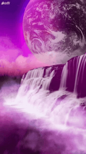 A Waterfall With A Planet In The Background GIF