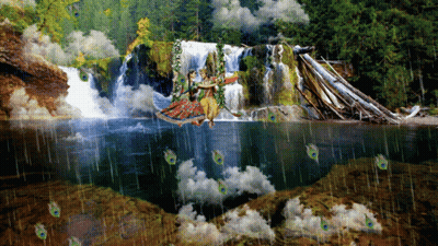 A Waterfall With Peacock Feathers Floating In The Water GIF