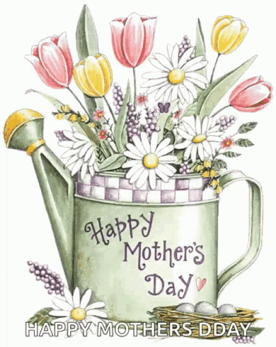 A Watering Can Full Of Flowers With The Words Happy Mother 'S Day Written On It GIF