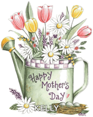 A Watering Can With Flowers In It And The Words Happy Mother 'S Day Kelly GIF