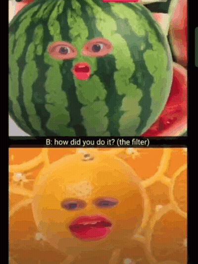 A Watermelon And An Orange With Faces On Them GIF