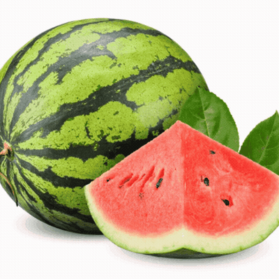 A Watermelon Next To A Slice Of Watermelon With Green Leaves GIF
