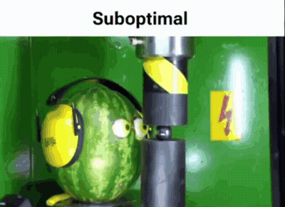 A Watermelon Wearing Ear Protectors Is Being Tested By A Machine And The Word Suboptimal Is Above It GIF