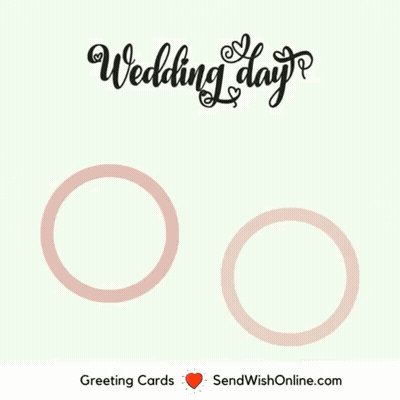 A Wedding Day Greeting Card With Two Wedding Rings And Two Pink Hearts GIF