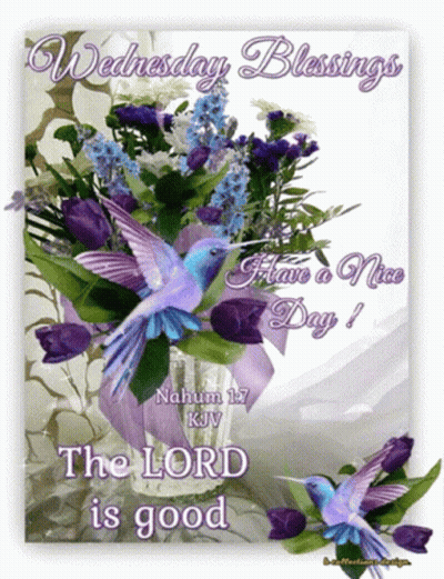 A Wednesday Blessings Card With Purple Flowers And A Blue Hummingbird GIF