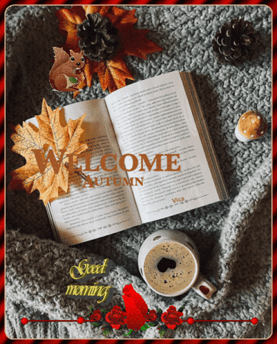 A Welcome Autumn Greeting Card With A Book And Coffee GIF