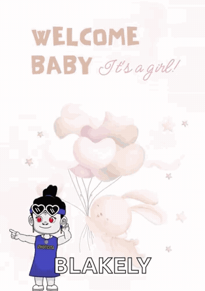 A Welcome Baby Greeting Card With A Girl Holding Balloons And A Bunny GIF