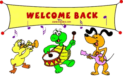 A Welcome Back Banner With A Turtle Playing A Drum Sticker