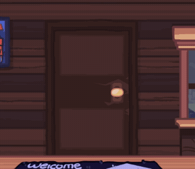 A Welcome Home Mat Is On The Floor In Front Of A Blue House GIF
