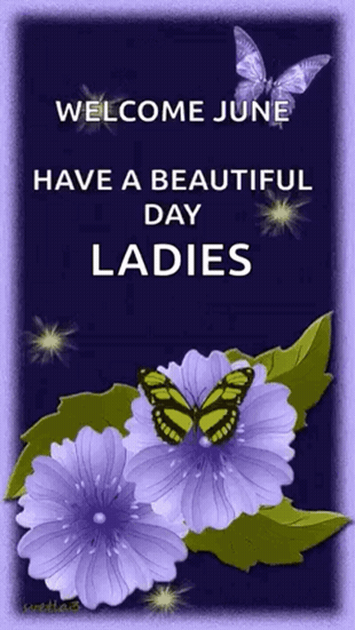 A Welcome June Card With Purple Flowers And A Butterfly GIF