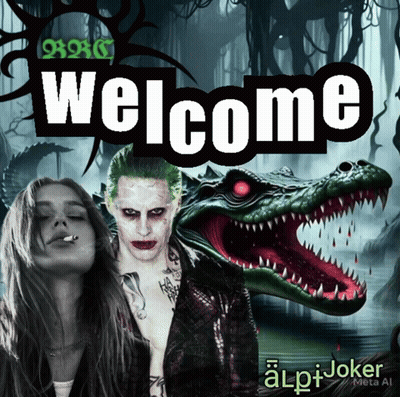 A Welcome Sign With A Joker And A Woman Smoking A Cigarette GIF