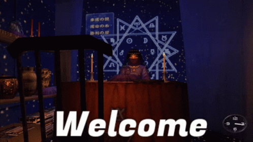 A Welcome Sign With A Woman Sitting At A Table In Front Of A Star GIF