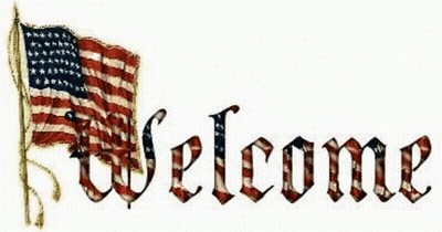 A Welcome Sign With An American Flag On A White Background GIF