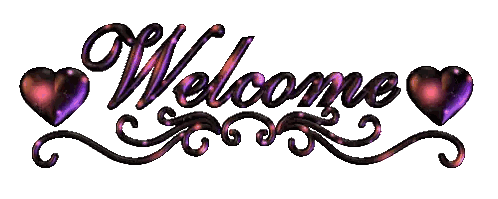A Welcome Sign With Purple Hearts And Swirls On A White Background Sticker