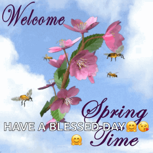 A Welcome Spring Time Card With Pink Flowers And Bees GIF