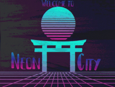 A Welcome To Neon City Sign With A Torii Gate In The Background GIF