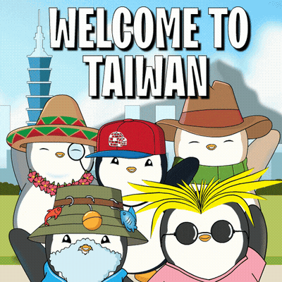 A Welcome To Taiwan Poster With Penguins Wearing Hats And Scarves GIF