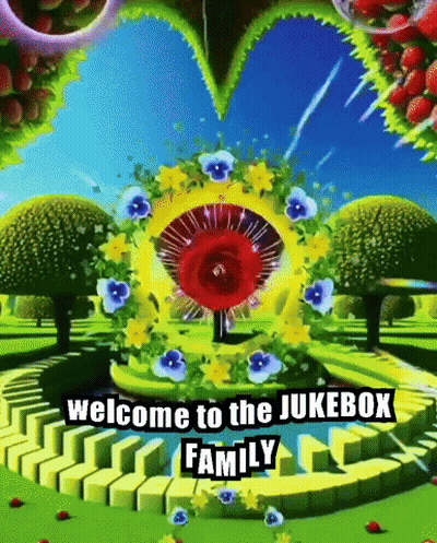 A Welcome To The Jukebox Family Sign With Flowers In The Background GIF