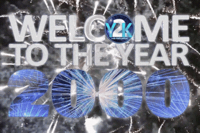 A Welcome To The Year 2000 Sign With Fireworks Behind It GIF