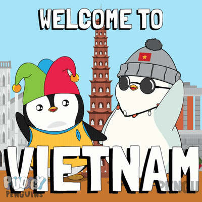 A Welcome To Vietnam Poster With Two Penguins In Front Of A Pagoda GIF