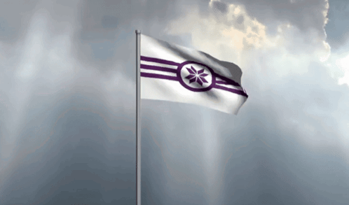 A White And Purple Flag With A Snowflake On It Is Waving In The Wind GIF