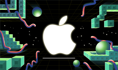 a white apple logo is surrounded by green cubes and balls
