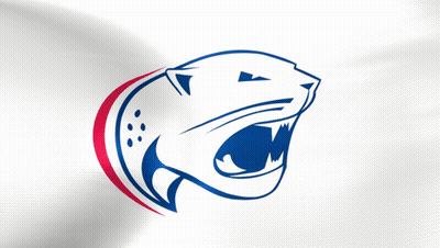 A White Background With A Blue And Red Panther Logo GIF