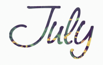 A White Background With The Word July Written In Black GIF