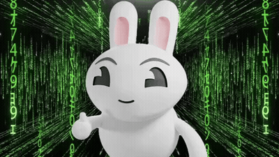A White Bunny Is Giving A Thumbs Up In Front Of A Matrix Background GIF