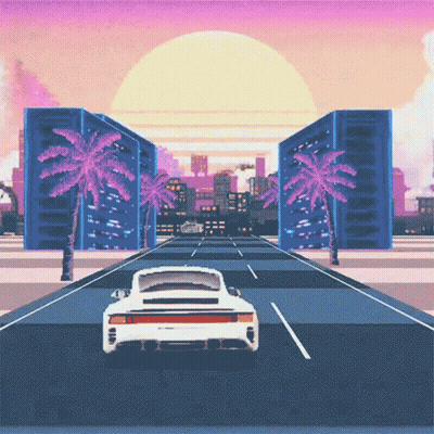 A White Car Is Driving Down A Street With Palm Trees And Buildings In The Background GIF
