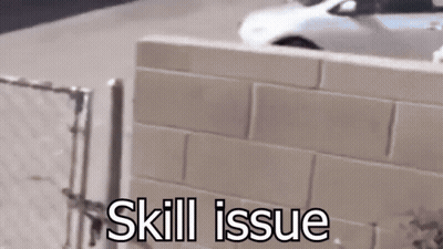 A White Car Is Parked Behind A Brick Wall With The Words Skill Issue Below It GIF