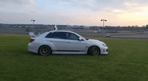 A White Car Is Parked In A Grassy Field With A Flag On Top GIF