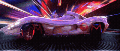 A White Car With A Red Logo On The Side Is Driving Down The Road GIF