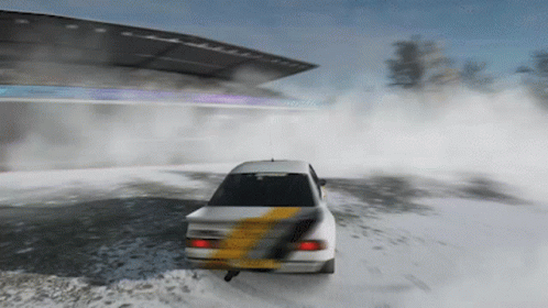 A White Car With A Yellow Stripe On The Side Is Driving Through The Snow GIF