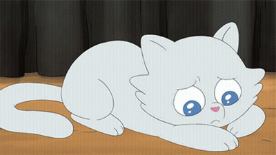 A White Cartoon Cat With Blue Eyes Is Laying On The Floor GIF