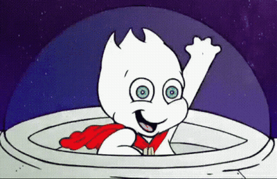 A White Cartoon Character With Blue Eyes And A Red Cape Waving GIF