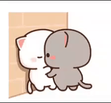 A White Cat And A Gray Cat Are Hugging Each Other In A Corner . GIF