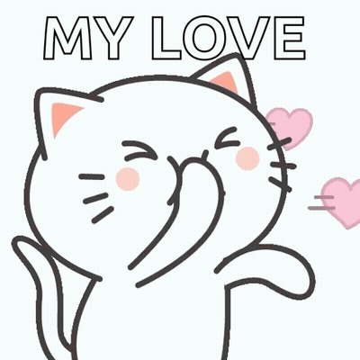 a white cat is blowing a kiss with pink hearts coming out of it 's mouth