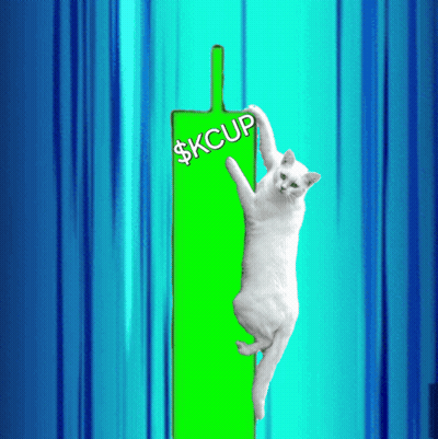 A White Cat Is Hanging On A Green Sign That Says $Kcup GIF