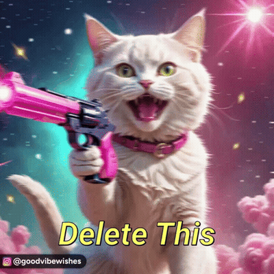 A White Cat Is Holding A Pink Gun With The Words Delete This Above It GIF
