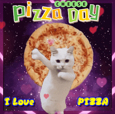 A White Cat Is Holding A Pizza In Front Of A Sign That Says Pizza Day GIF