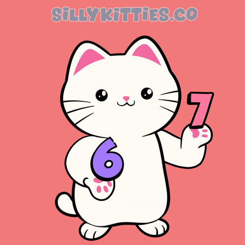 A White Cat Is Holding A Purple Number 6 And A Pink Number 7 GIF