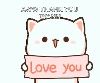 A White Cat Is Holding A Sign That Says `` Love You '' . GIF
